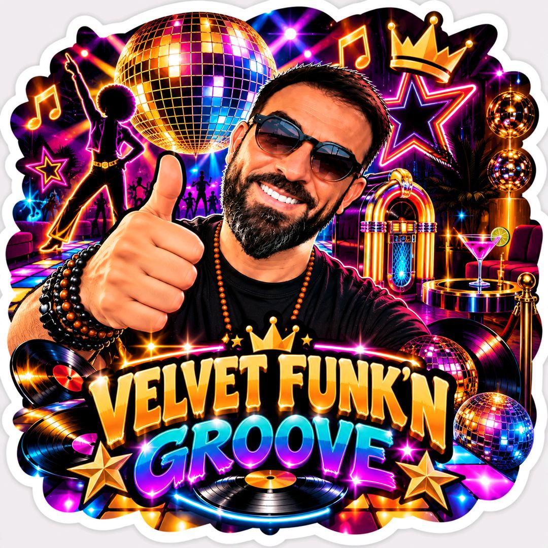 Velvet Funk n Groove's disco portrait with golden lettering and neon lights